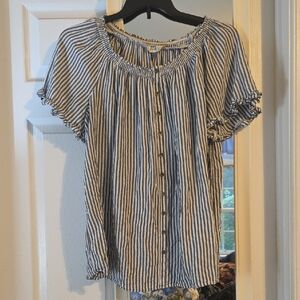 Terra & Sky Blue and White Button-Down Blouse